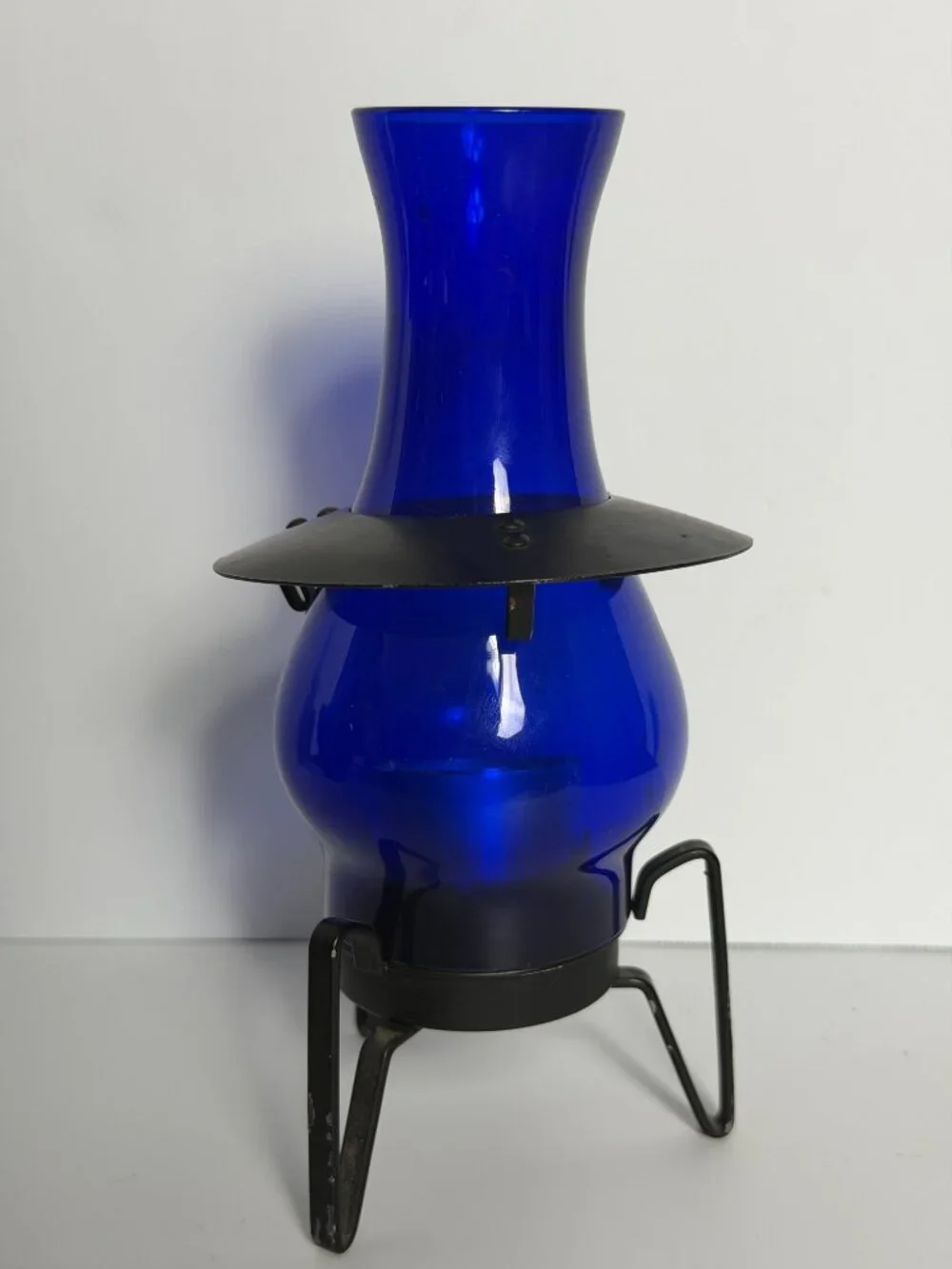 Vintage Cobalt Blue Glass Candle Holder Lantern Black Votive Metal MCM Modernist